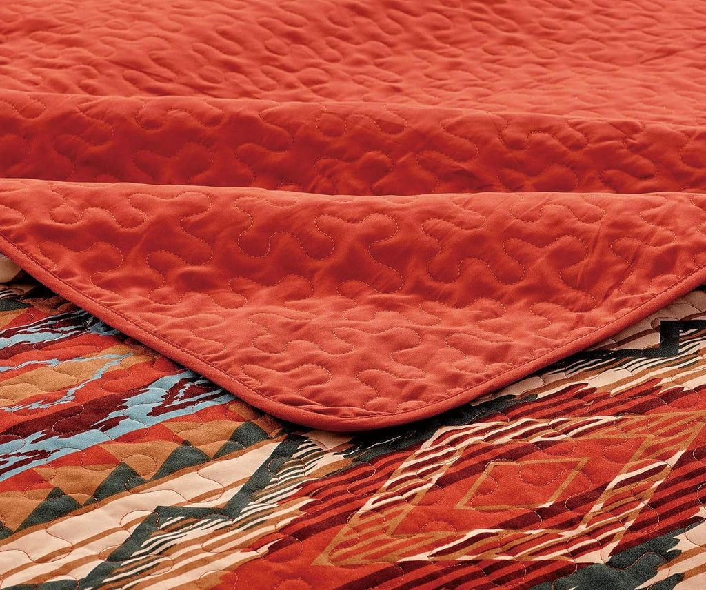 Rustic Native American Quilt Bedspread Coverlet Bedding Set in Southwest Tribal Patterns in Beige Brown Turquoise Blue Copper Burnt Orange & Rust Colors - Arizona (Full / Queen) Q122578