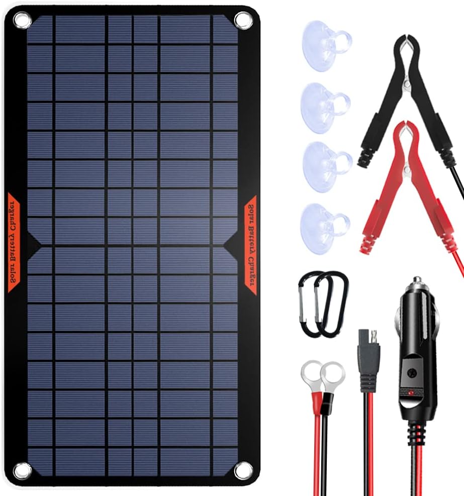 10W 12V Solar Panel Car Battery Charger Portable Waterproof Trickle Charger & Maintainer with Cigarette Lighter Plug & Alligator Clip Pack of 2 V2042