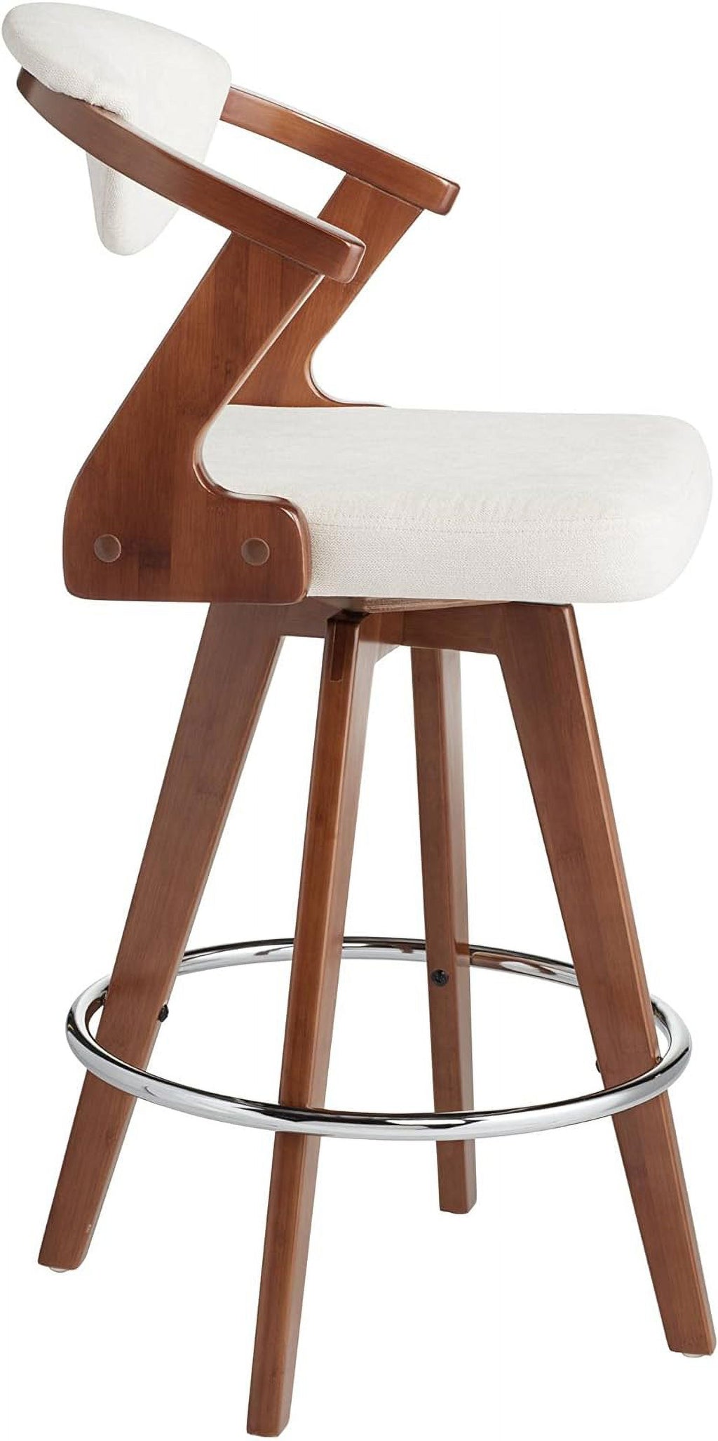 Walnut Bamboo Swivel Stool Brown 26 1/2" High Ivory Velvet Upholstered Cushion with Backrest Footrest M176