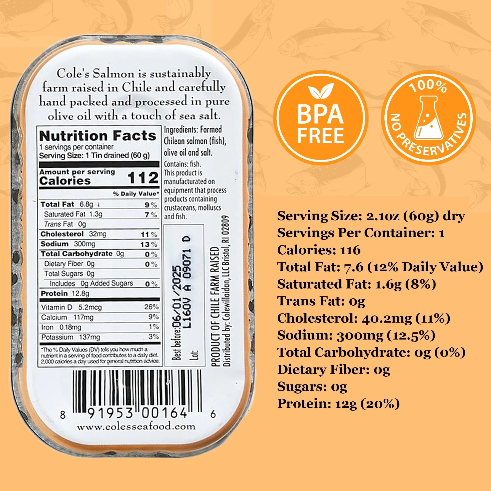 Canned Smoked Salmon in Extra Virgin Olive Oil, 3.2 oz (5 Pack) L879