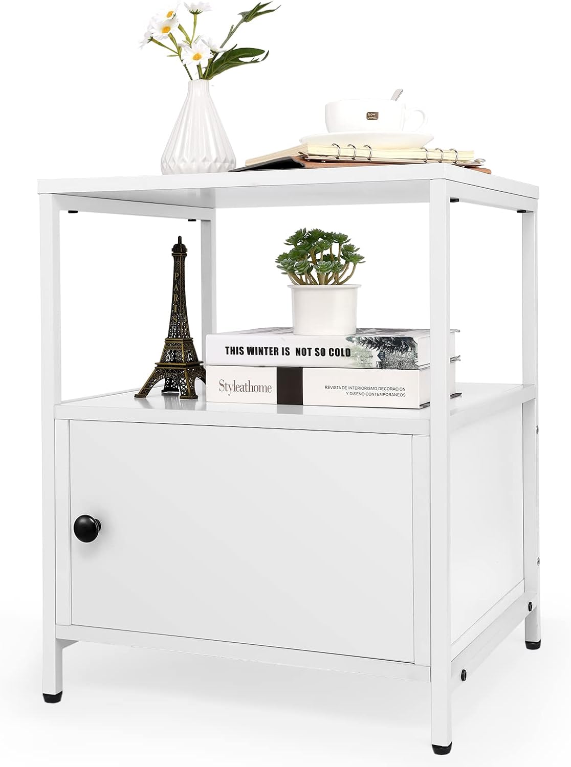White 3-Tier Wooden Nightstand with Storage Cabinet and Open Shelf V49082