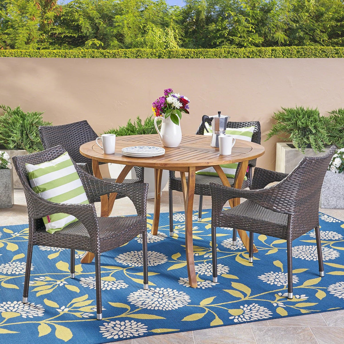 Teak Acacia Wood and Wicker 5 Piece Outdoor Dining Set B454