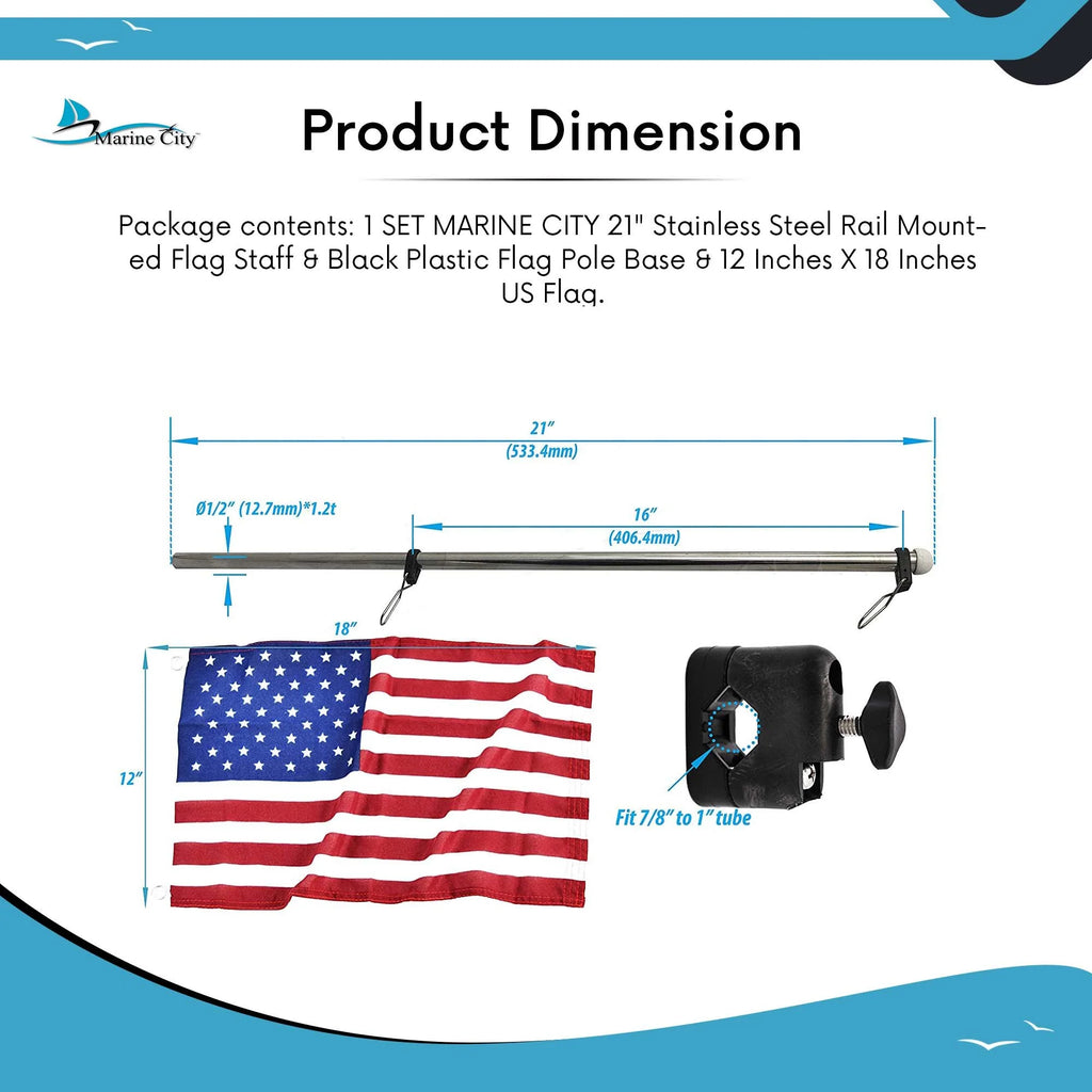 21 inch Stainless Steel Rail Mounted Flag Staff with Black Plastic Flag Pole Base and 12 X 18 inches US Flag N182832