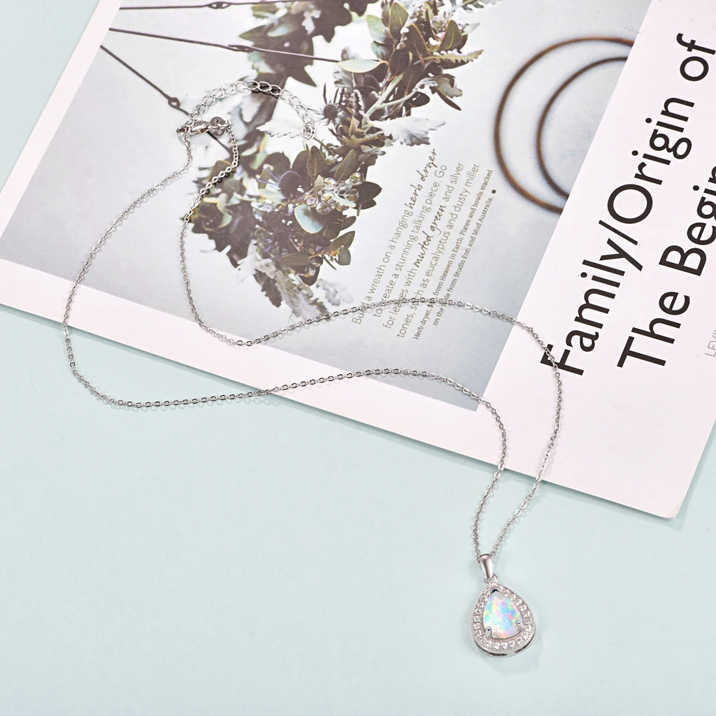 Opal Pendant Necklace 925 Sterling Silver Waterdrop Necklaces 18K White Gold Plated Opal Jewelry P349