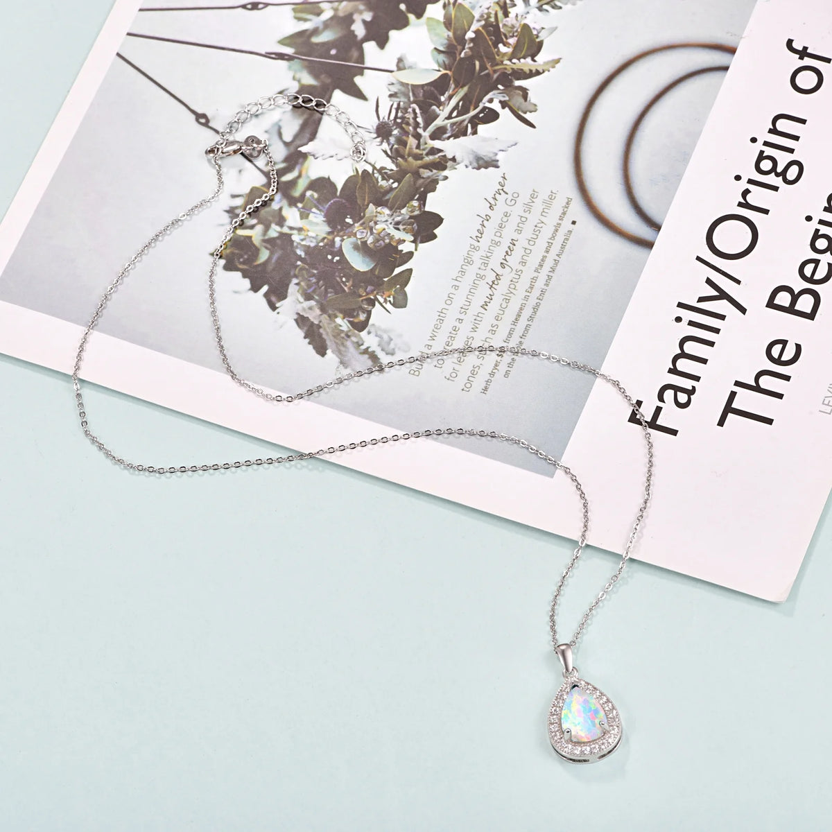 Opal Pendant Necklace 925 Sterling Silver Waterdrop Necklaces 18K White Gold Plated Opal Jewelry P349