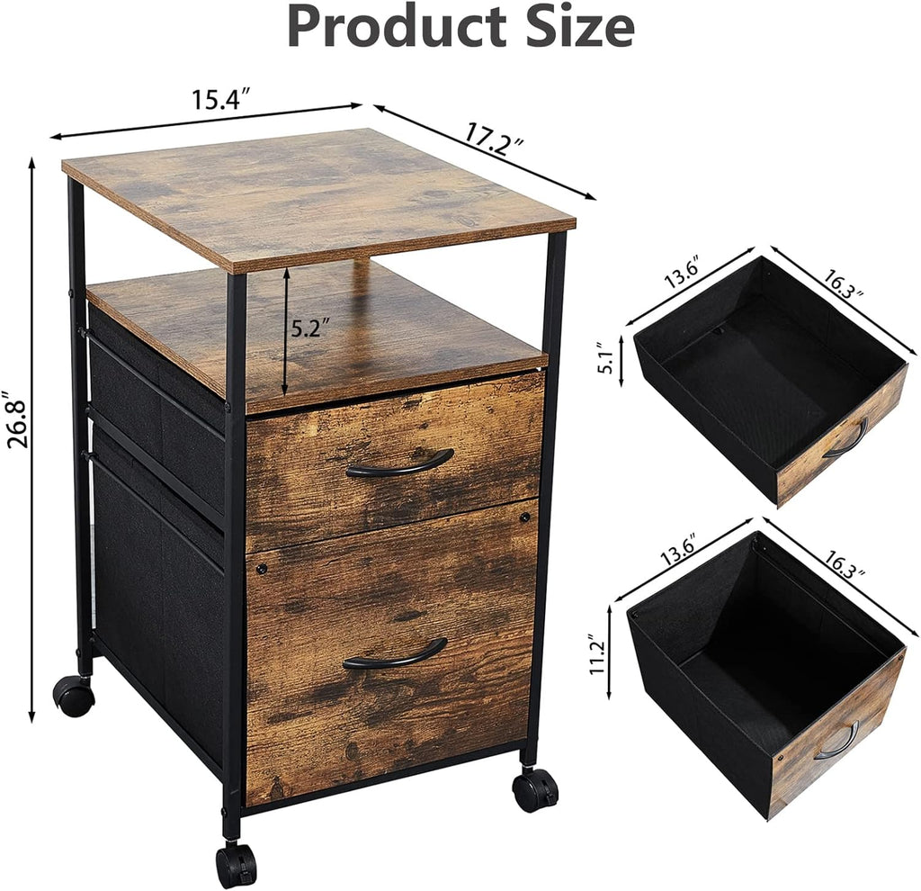 Rustic Brown Black 2 Drawer Rolling File Cabinet with Shelves D741