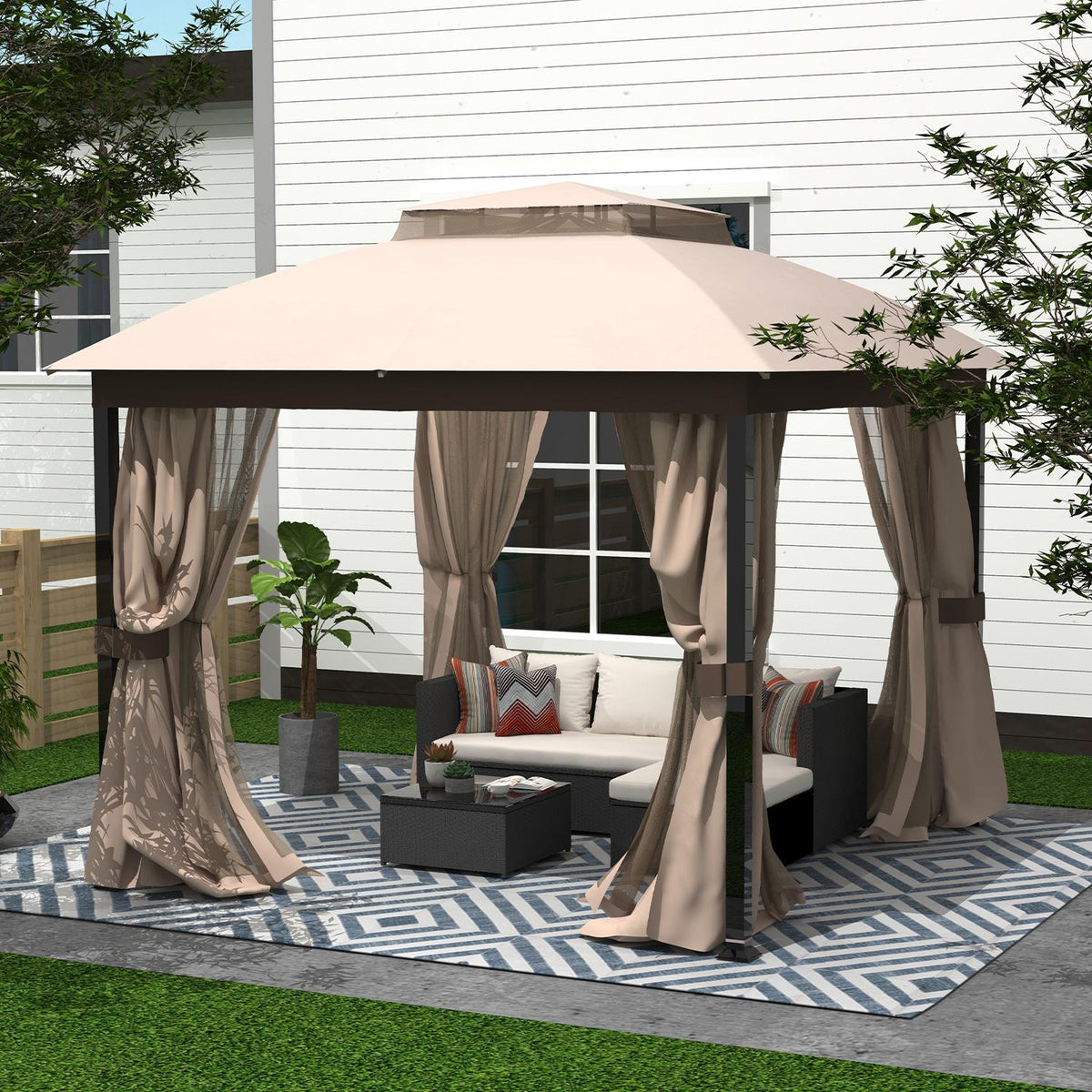 Sand 10x10 Double Roof Gazebo with Mosquito Netting U901166