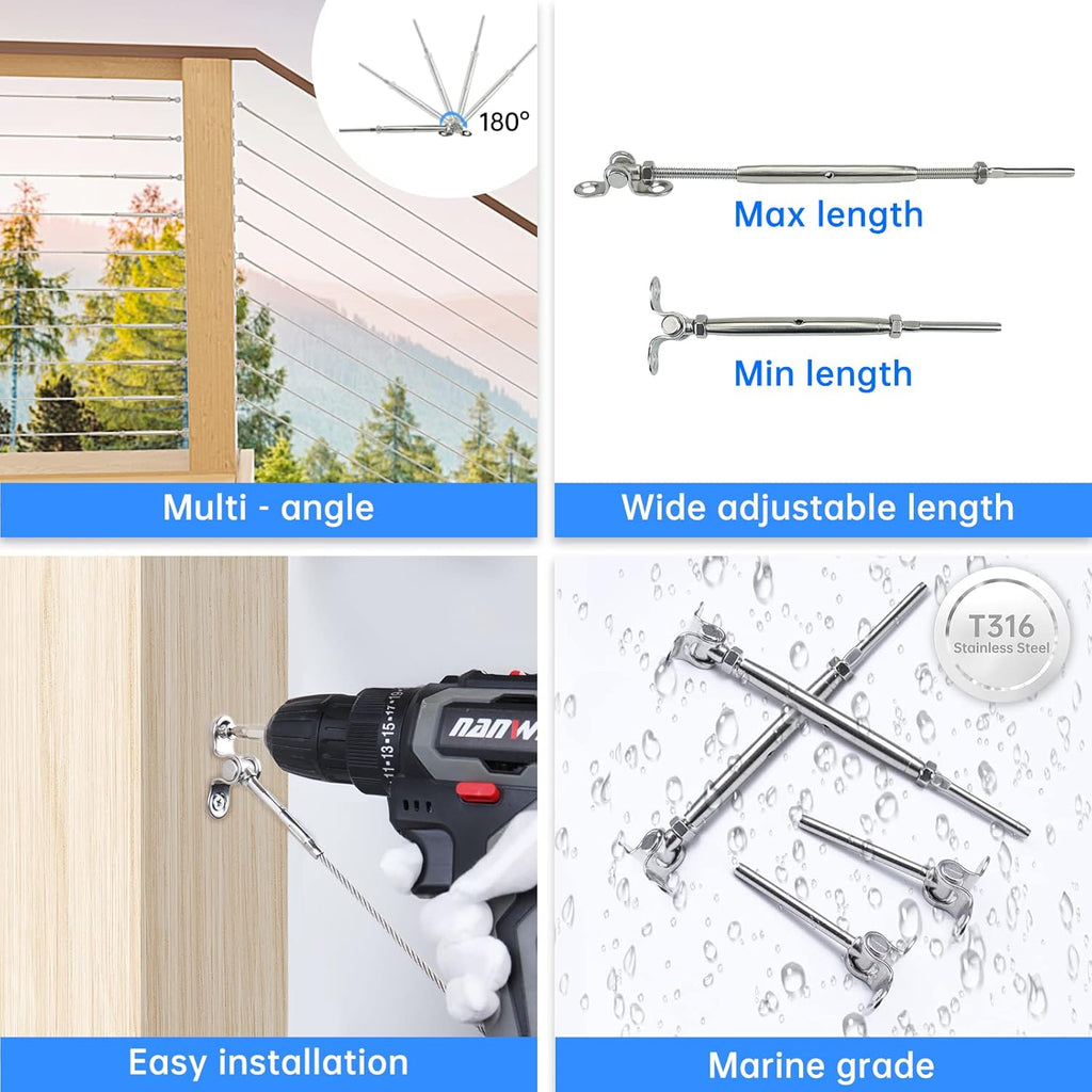 10Set 1/8 Swage Toggle Turnbuckle Hardware T316 Stainless Steel Cable Railing Kit F10735