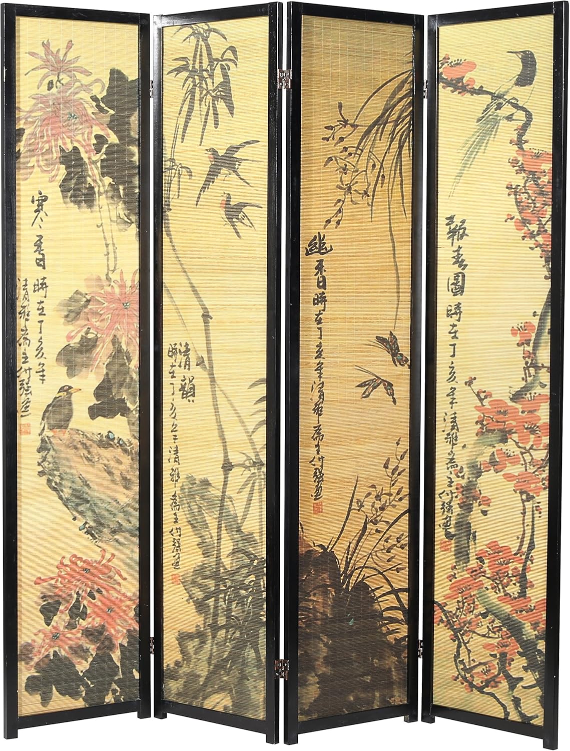Black Frame 4 Panel Wood Bamboo Room Divider H965922