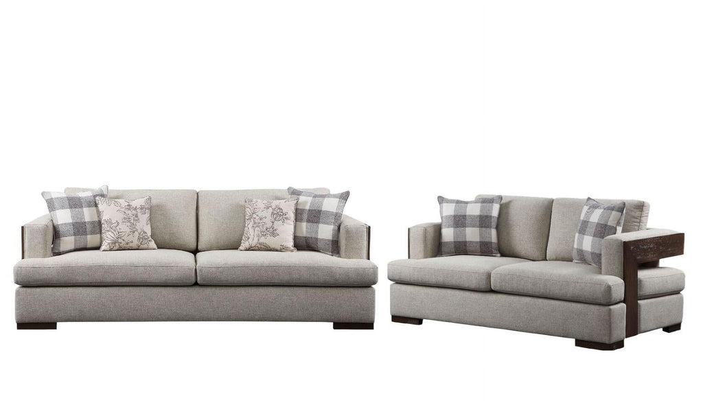 Beige Fabric & Walnut Sofa + Loveseat N7649