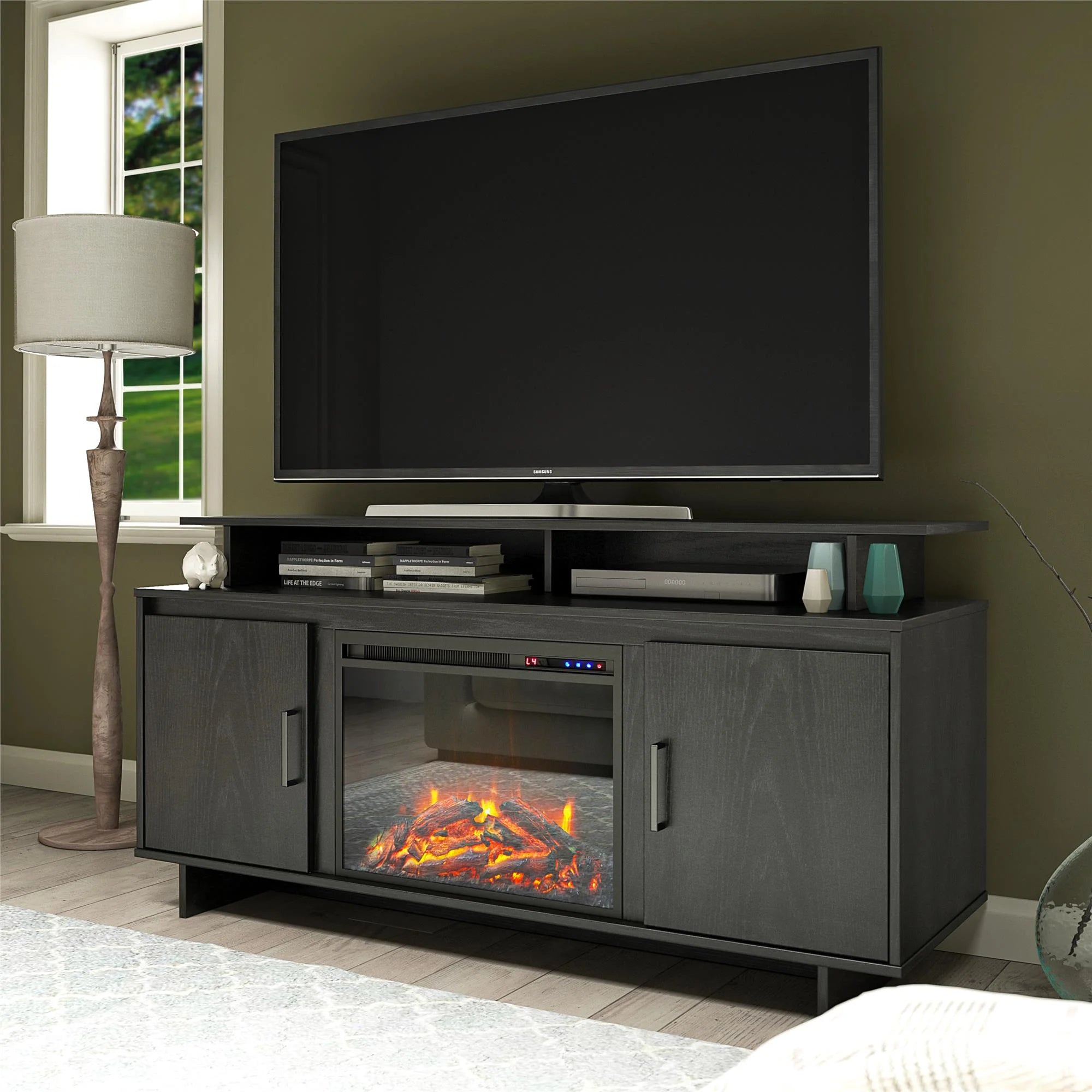 Electric Fireplace TV Console with Storage Cabinets, Black Oak R4042