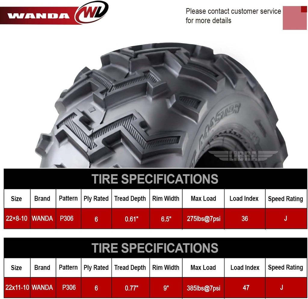 Set of 4 ATV UTV Tires 22x8-10 Front & 22x11-10 Rear 6 Ply K112