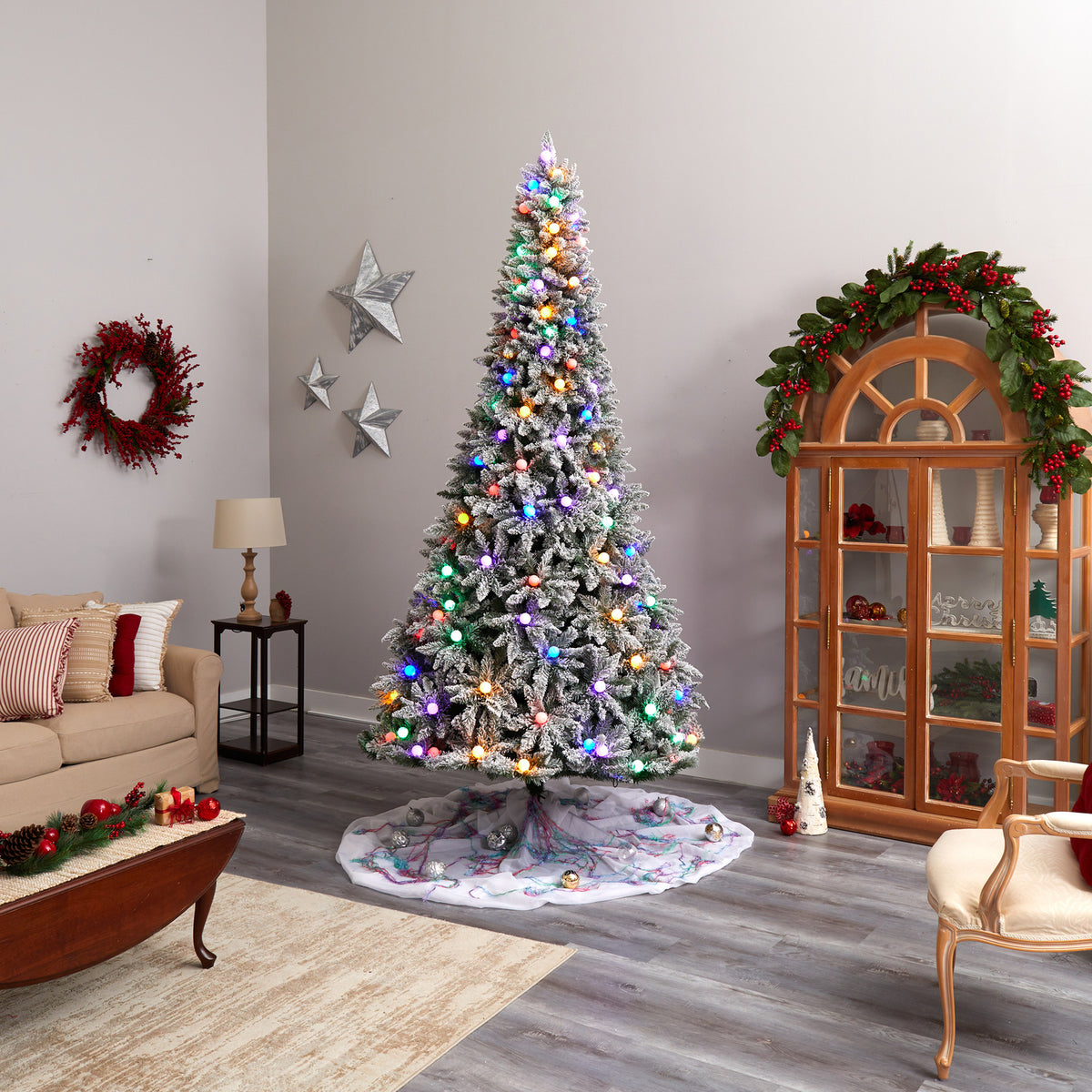 9.5Ft. Artificial Christmas Tree With 150 Multi Color Globe Bulbs And 2297 Bendable Branches F675850