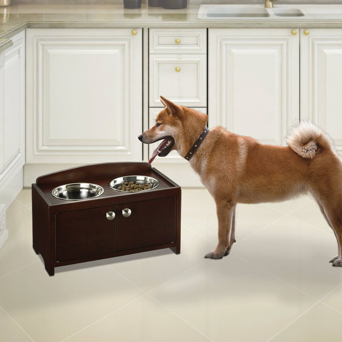 Dark Brown Wooden Pet Feeder T359