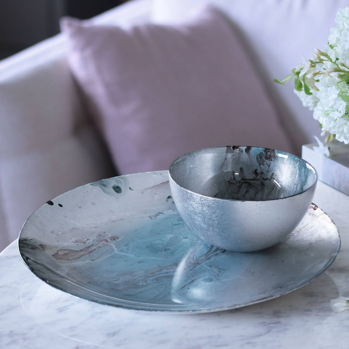 Teal Silver Foil Round Platter P10918