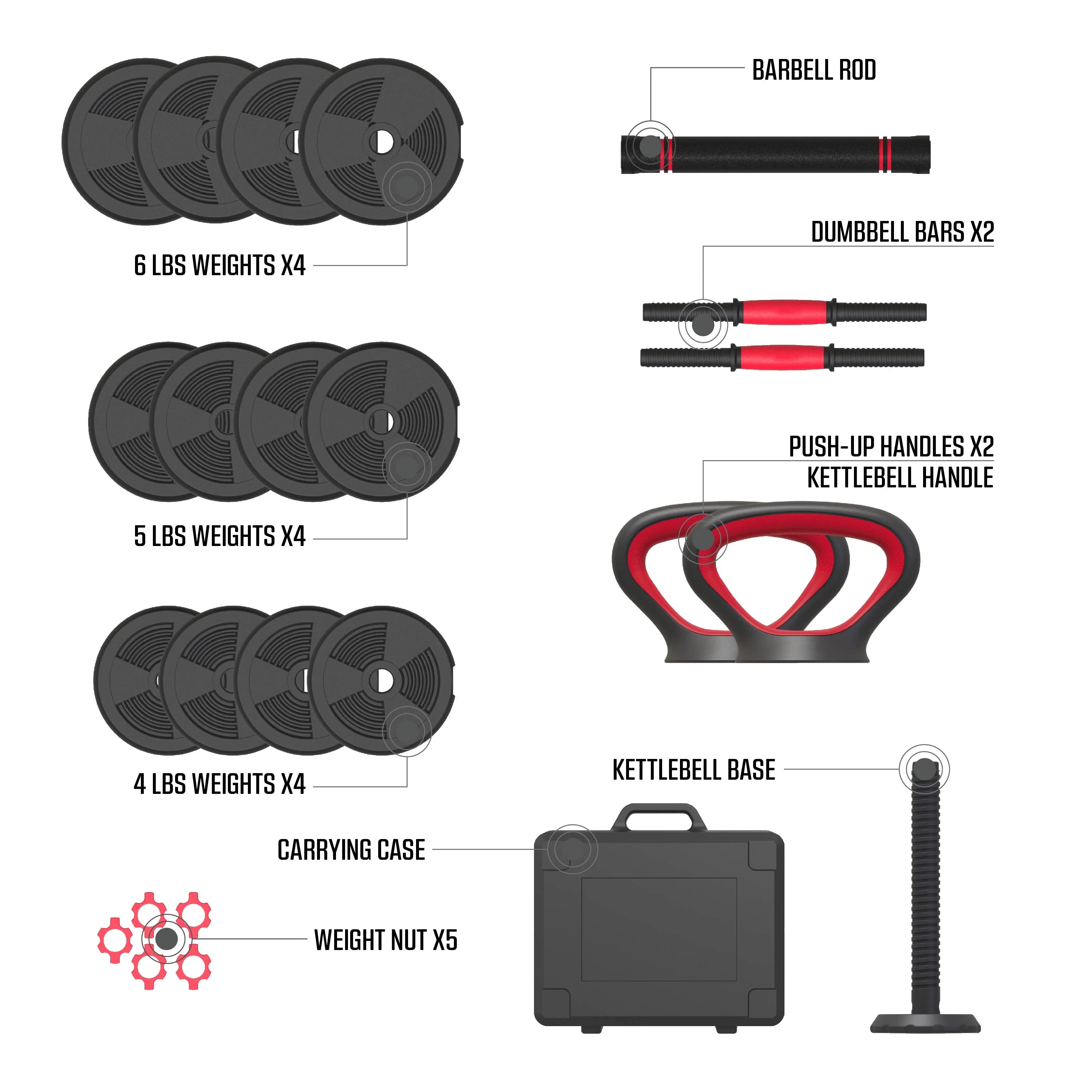 60 lbs 4-in-1 Adjustable Dumbbell Barbell Kettlebell Weight Set I4885