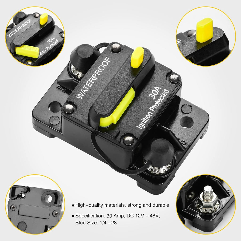 30 Amp Circuit Breaker, Inline Fuse Inverter with Manual Reset, 12V-48V DC Water Proof, Surface Mount-30A, Pack of 2 P270