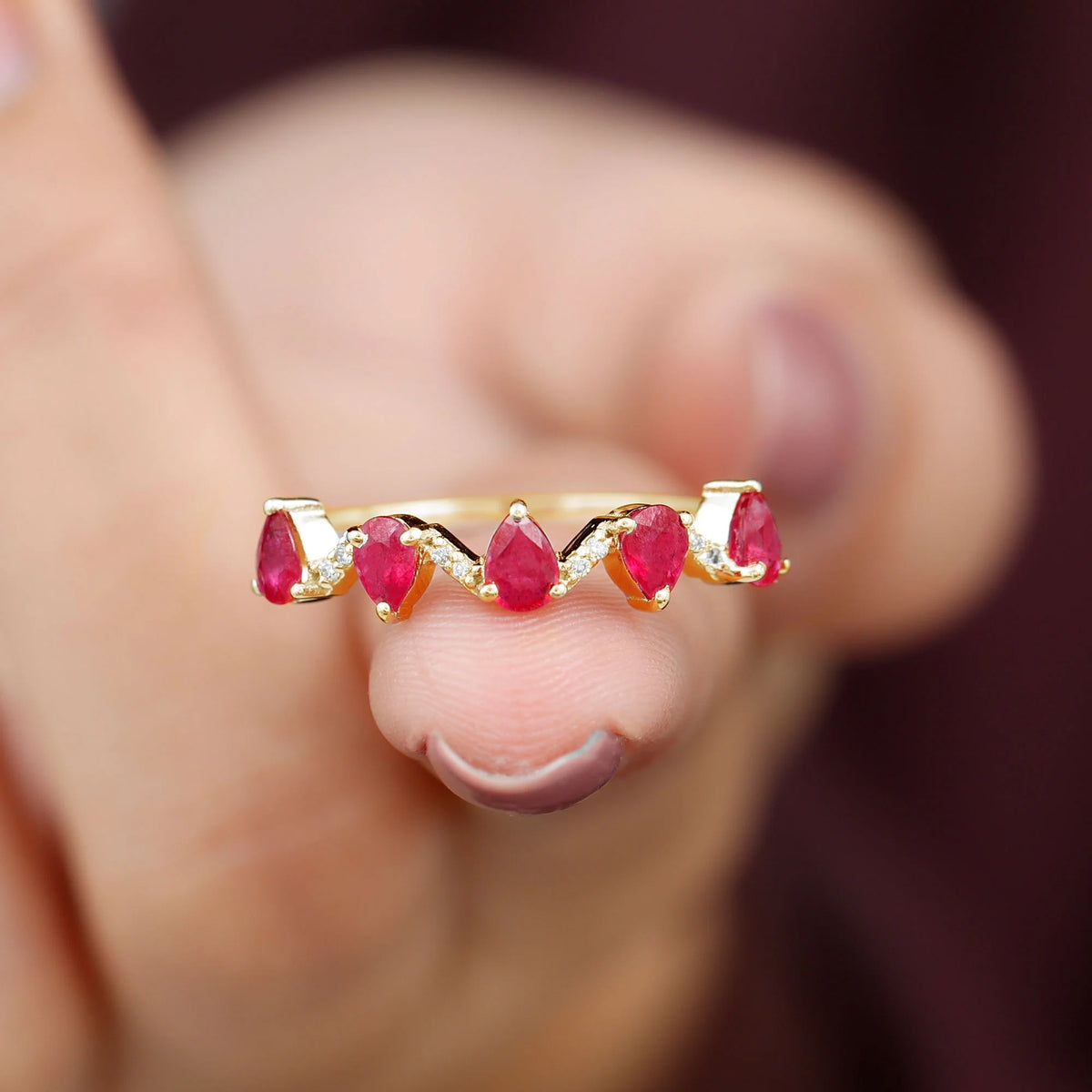 Pear Cut Ruby and Diamond Half Eternity Ring, 14K Yellow Gold, US 9.00 S4696