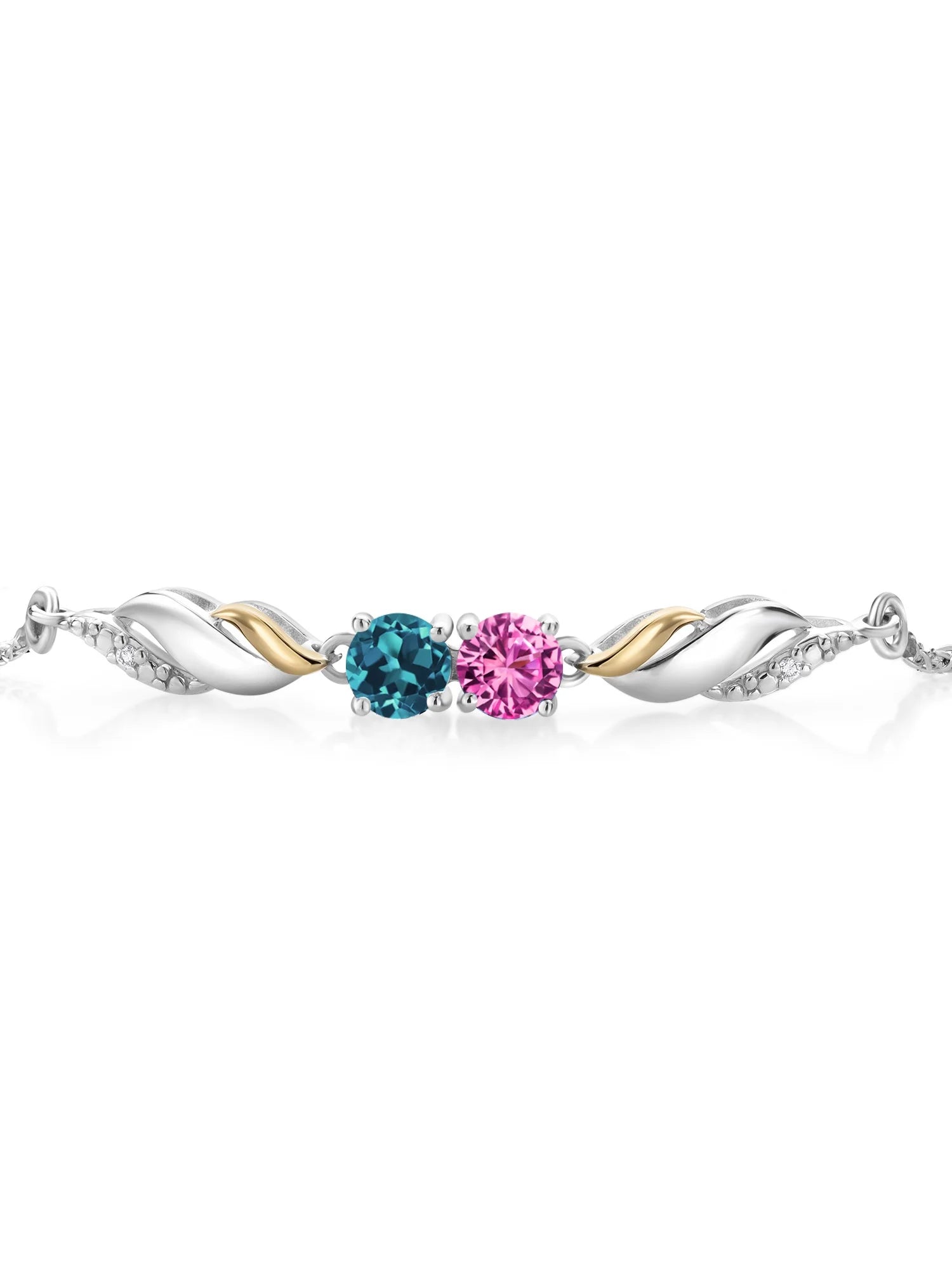Pink Created Sapphire London Blue Topaz 925 Silver 10K Yellow Gold Lab Grown Diamond Bracelet B722