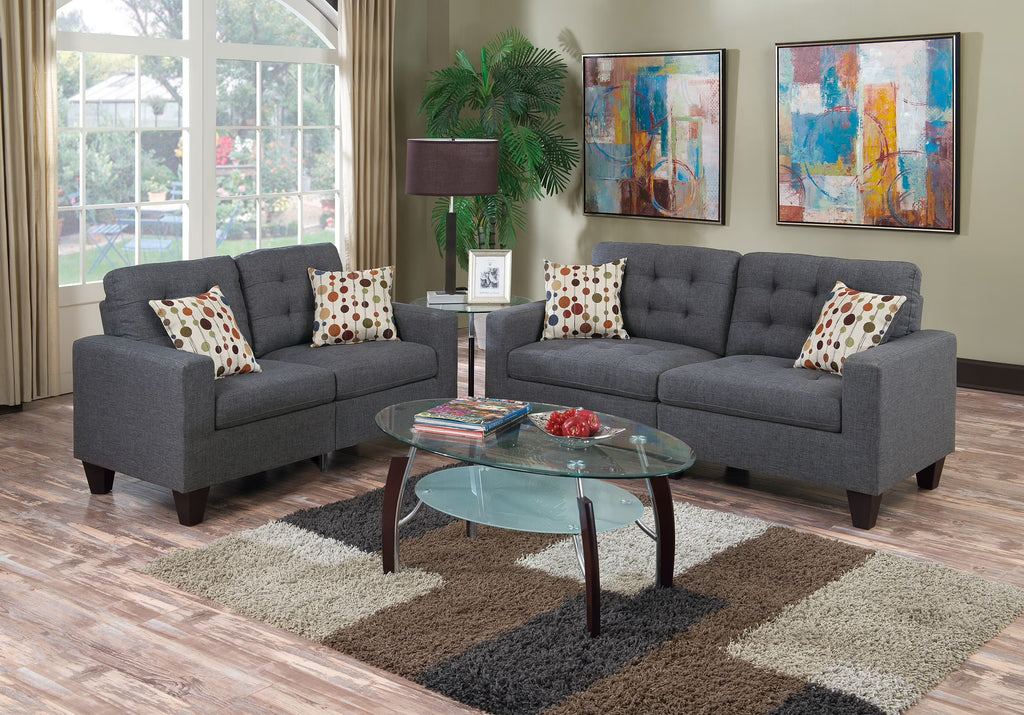Blue Grey Polyfiber Tufted 2pc Sofa Set with Pillows I21497