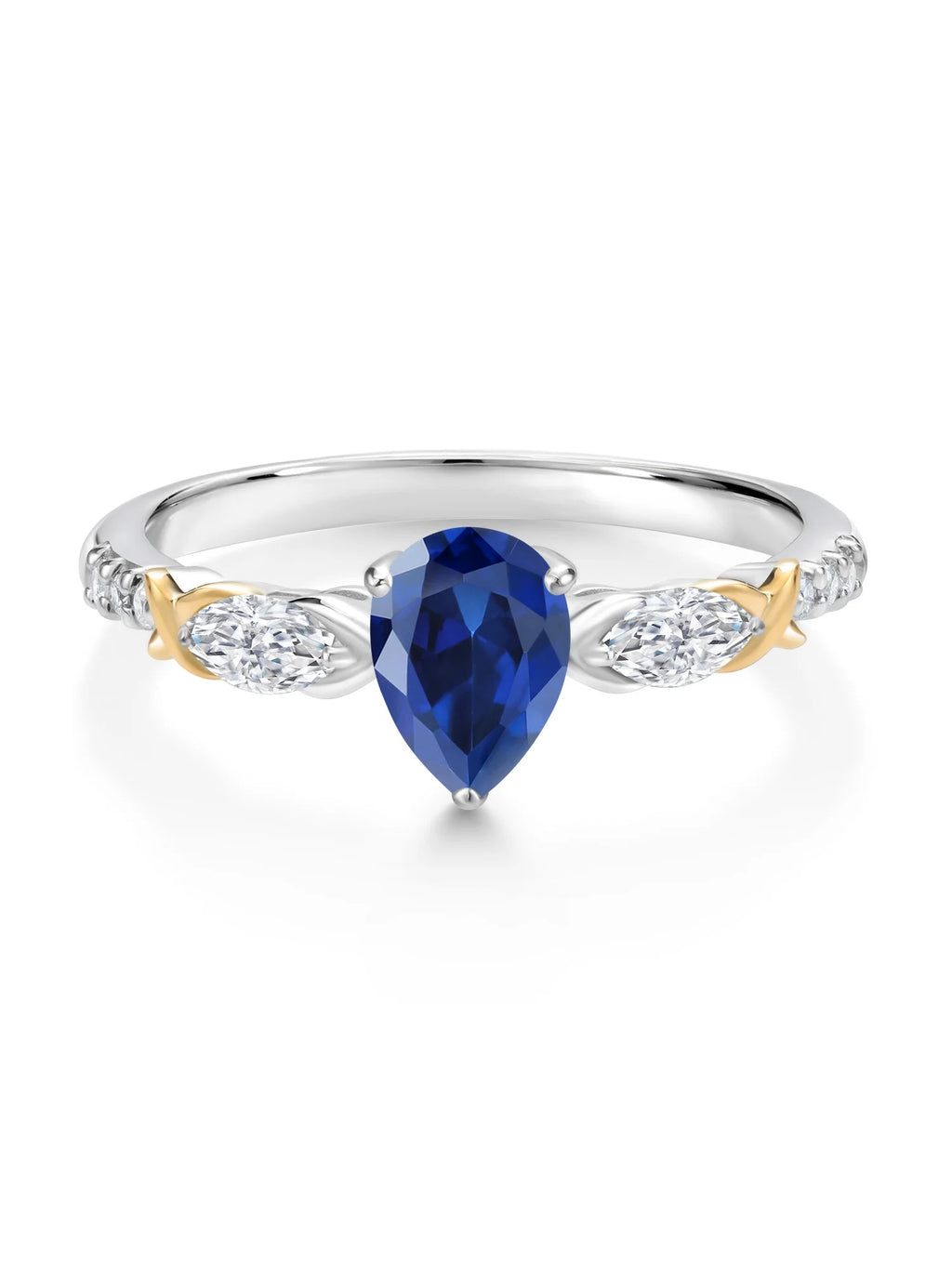 925 Silver 10K Yellow Gold Pear Shape Blue Created Sapphire White Moissanite White Lab Grown Diamond Engagement Ring R5746