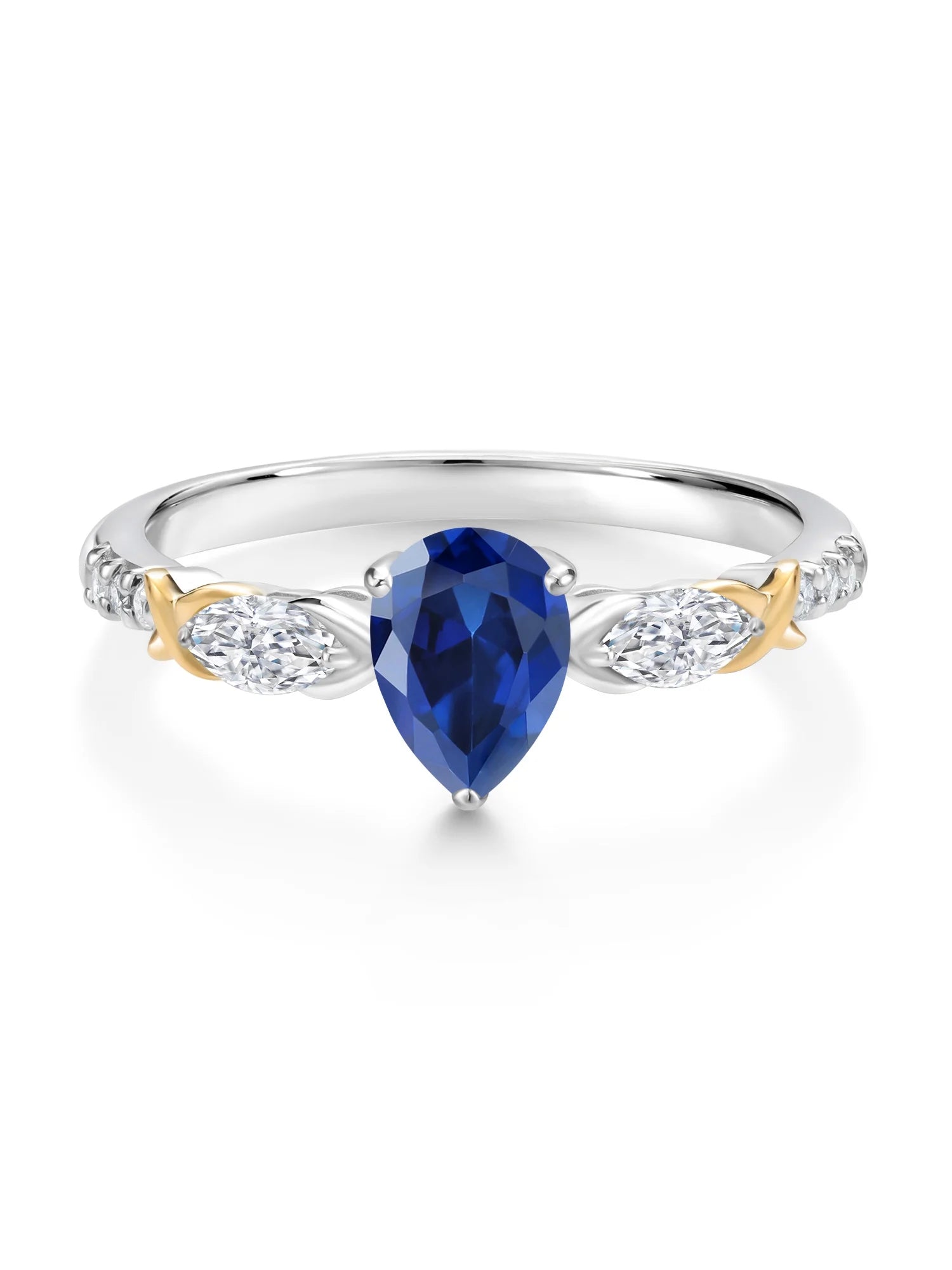 925 Silver 10K Yellow Gold Pear Shape Blue Created Sapphire White Moissanite White Lab Grown Diamond Engagement Ring R5746