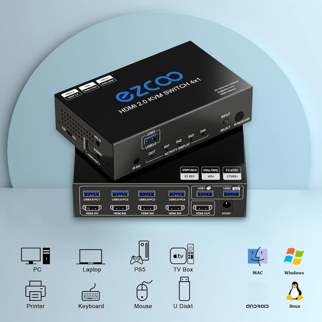 4-Port USB 3.0 KVM Switch HDMI 4K 60Hz with USB Peripheral Hub and IR Remote T79796