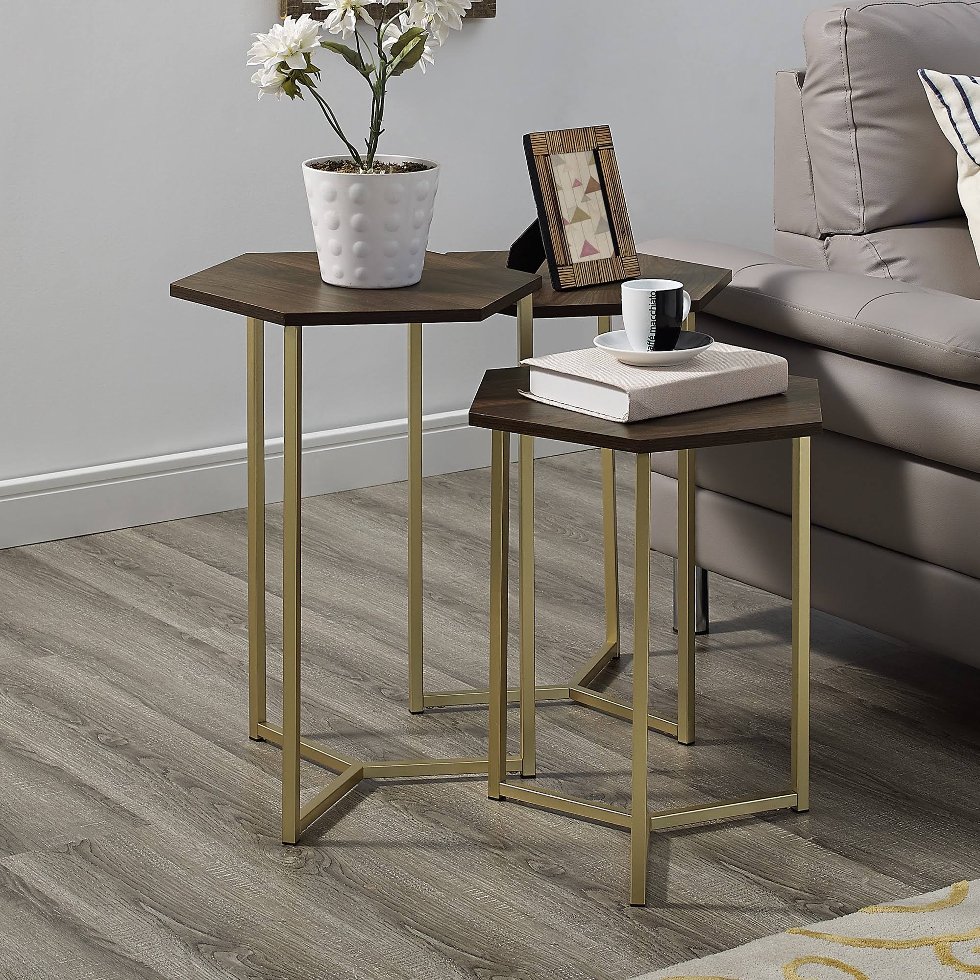 Set of 3 Geometric Nesting Accent Tables Dark Walnut/Gold L411