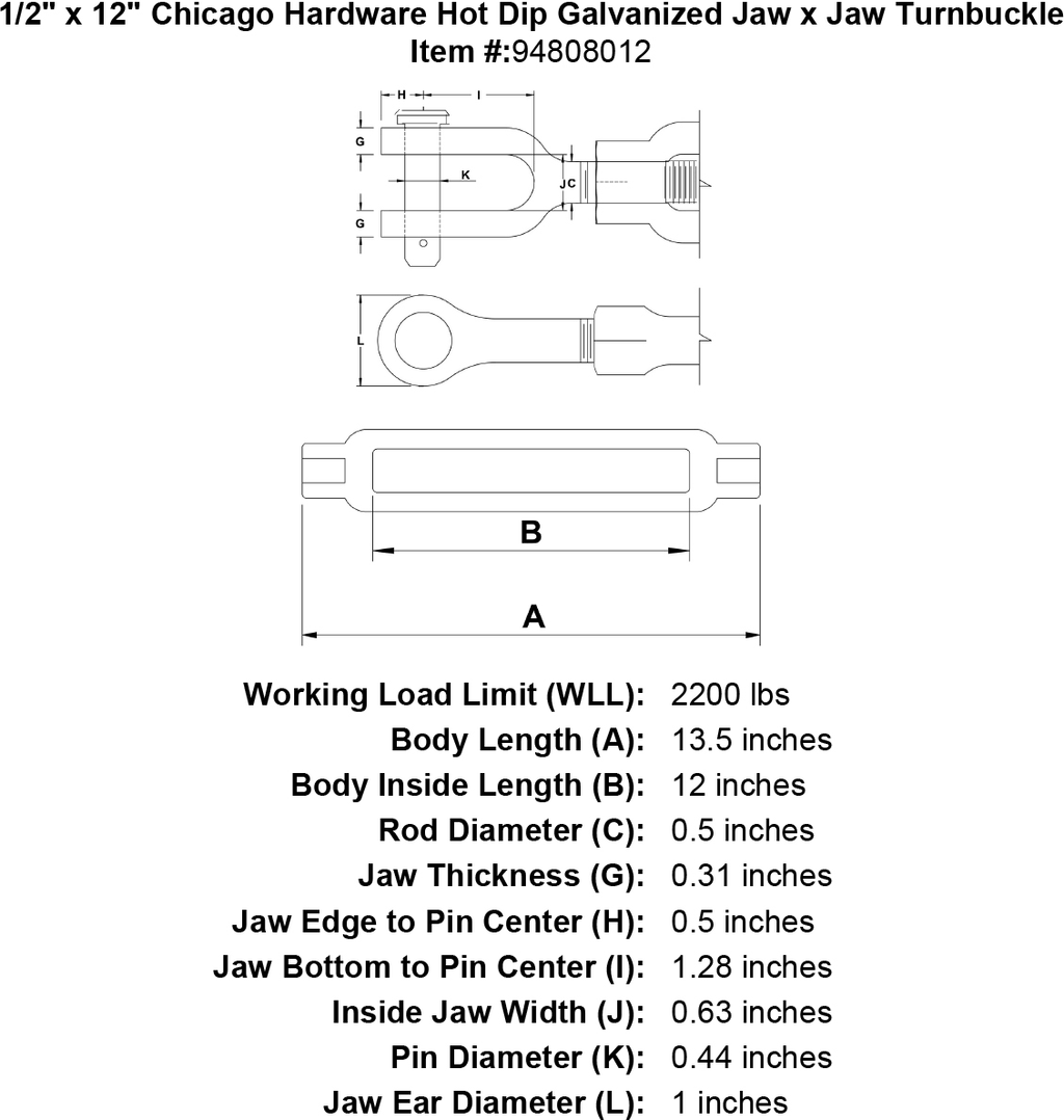 1/2 x 12 Hot Dip Galvanized Jaw x Jaw Turnbuckle O5451