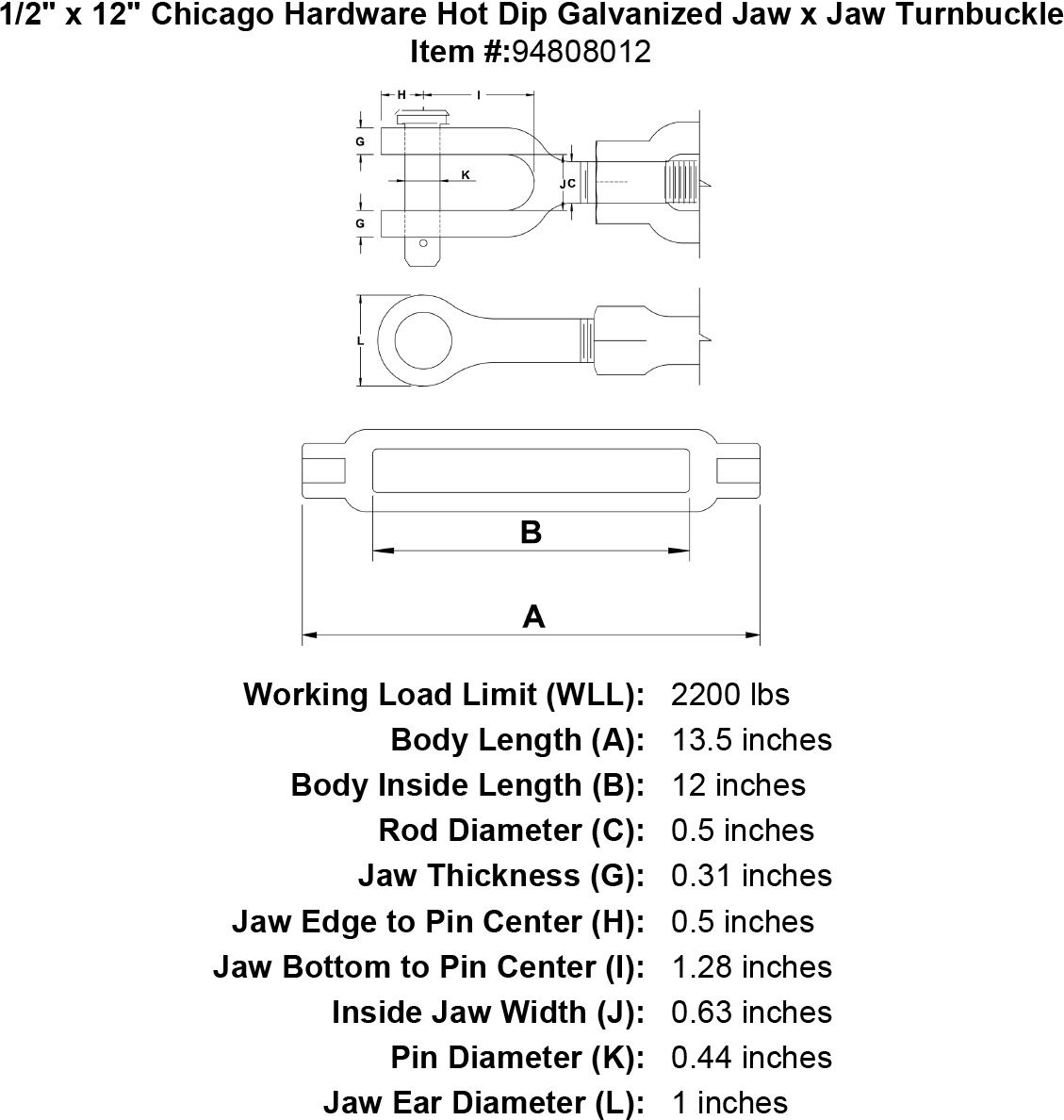 1/2 x 12 Hot Dip Galvanized Jaw x Jaw Turnbuckle O5451