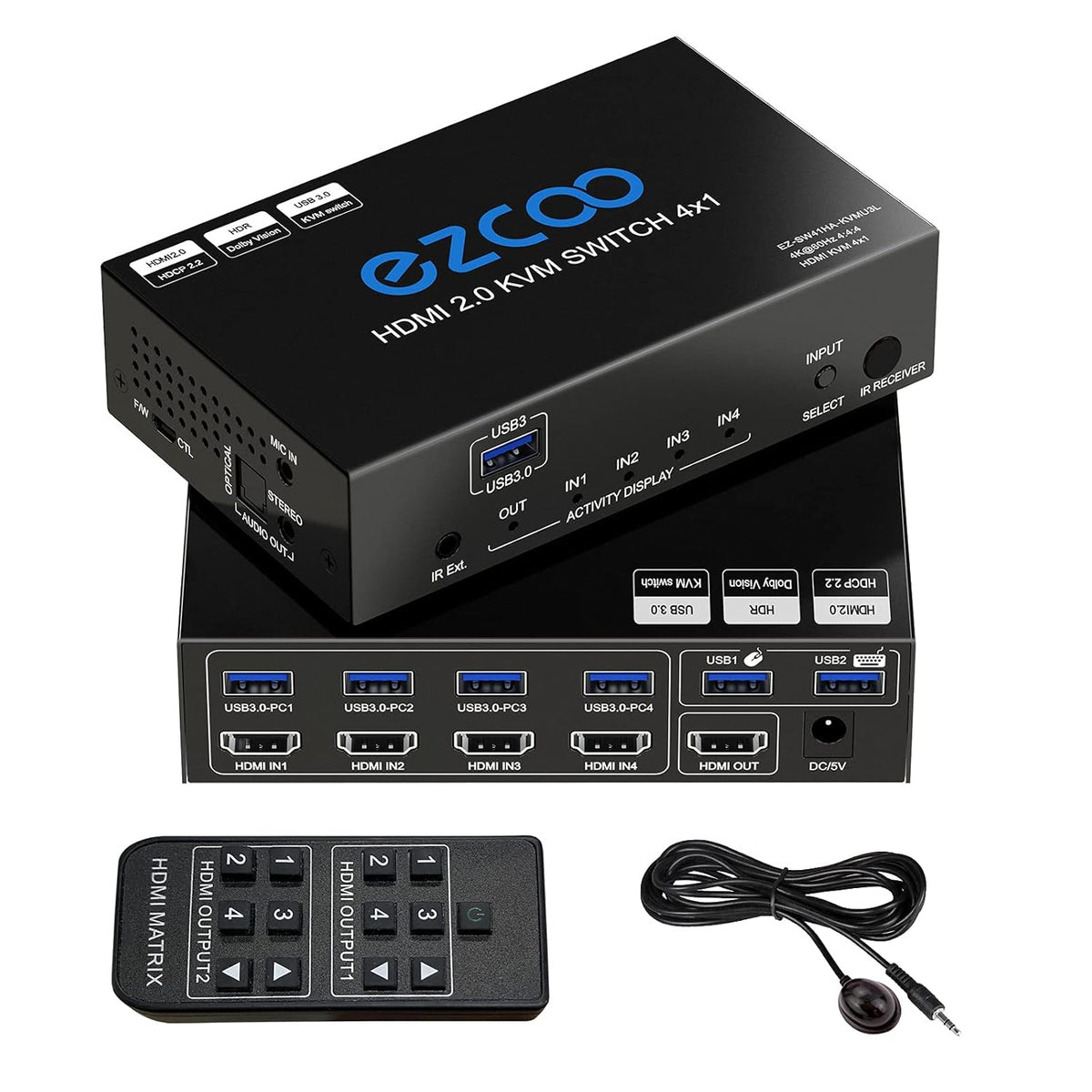 4-Port USB 3.0 KVM Switch HDMI 4K 60Hz with USB Peripheral Hub and IR Remote T79796