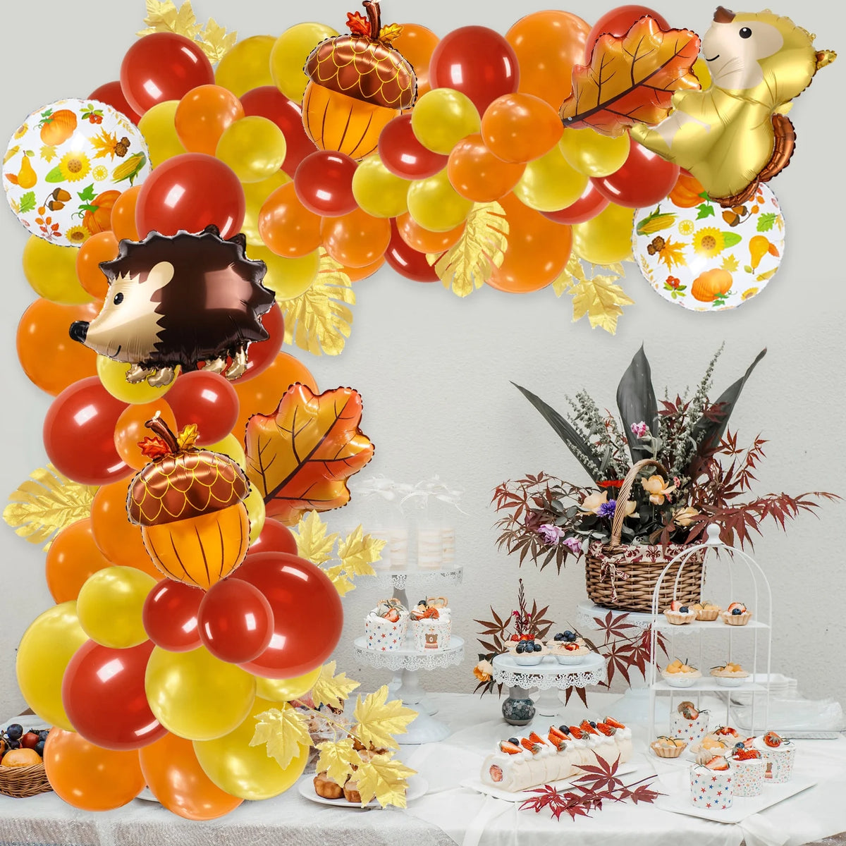 Orange Brown Gold Balloons Arch Garland Kit with Maple Leaves B860082