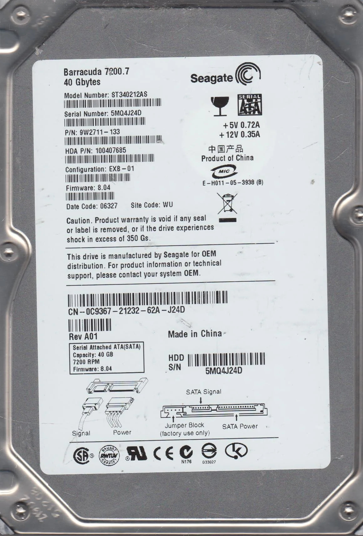 40GB SATA 3.5 Hard Drive X48313