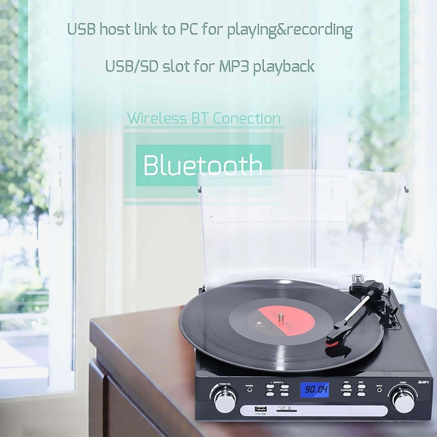 Bluetooth Record Player with Stereo Speakers, AM/FM Radio, Remote Control, Black, Pack of 2 C183671