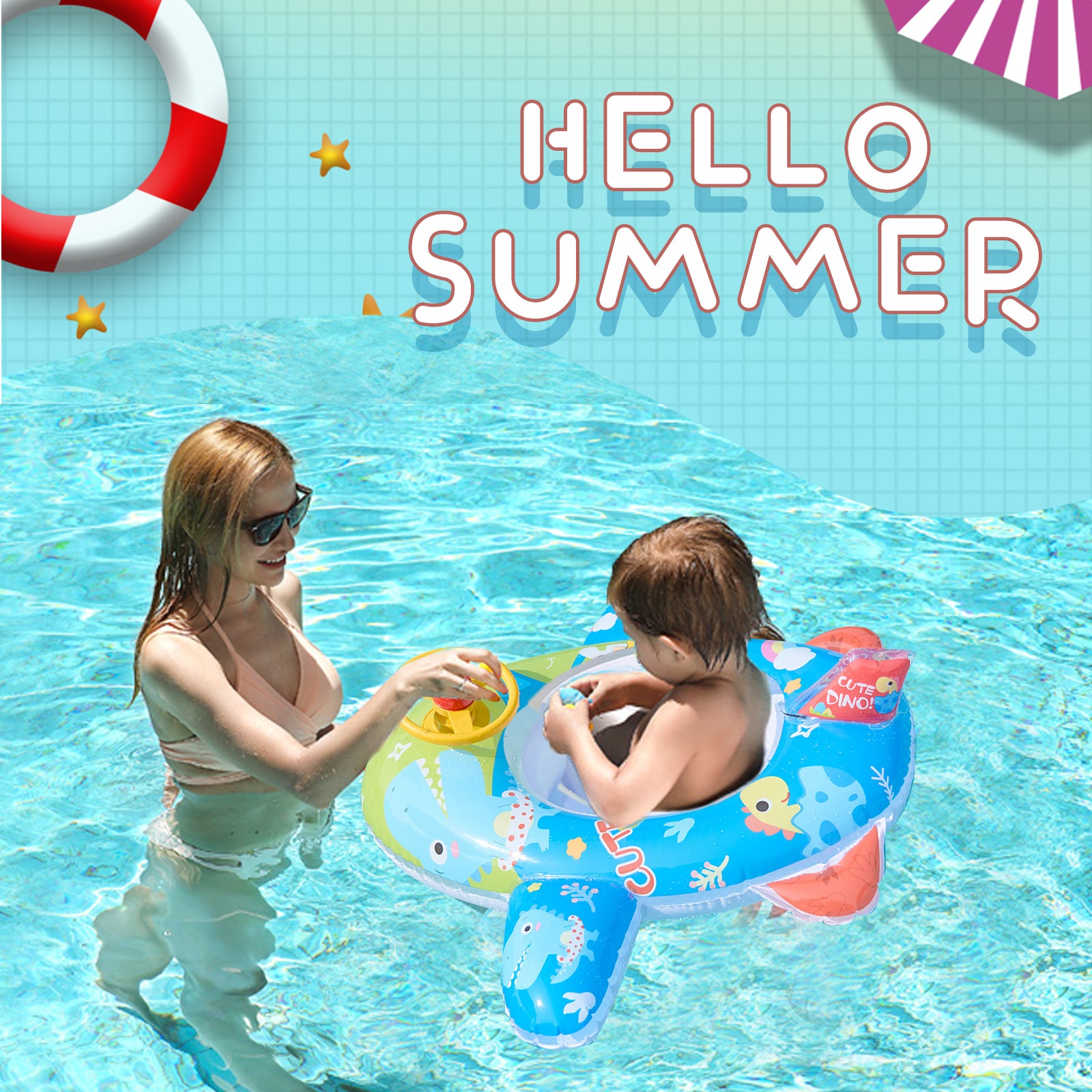 Inflatable Pool Float Ring with Steering Wheel Horn for Kids G71388