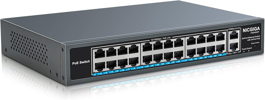 26 Port PoE Switch with 24 Ports 10/100Mbps PoE+@400W, 2 Gigabit Uplink Ports, Unmanaged I24576