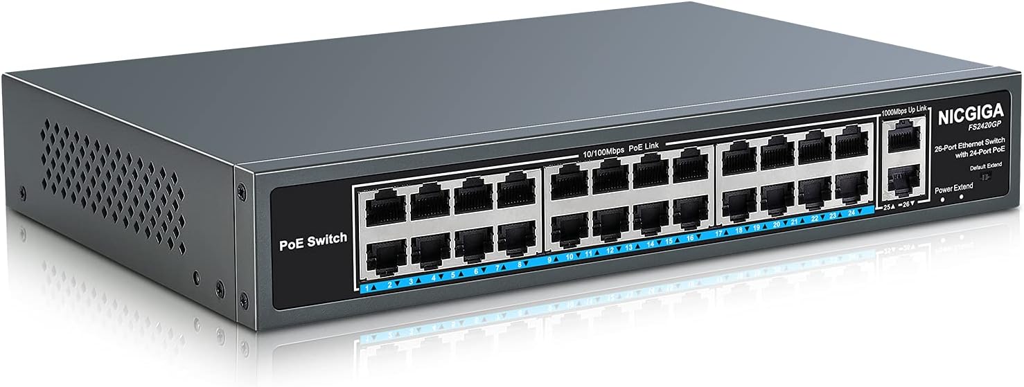 26 Port PoE Switch with 24 Ports 10/100Mbps PoE+@400W, 2 Gigabit Uplink Ports, Unmanaged I24576