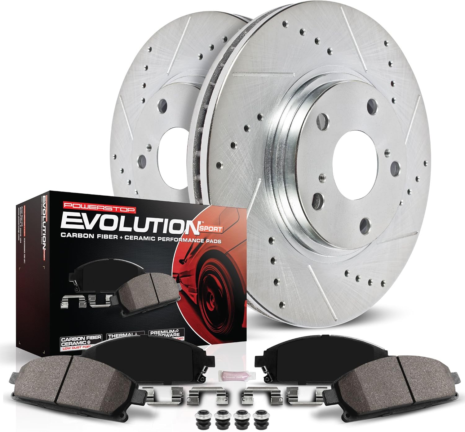 Front Z23 Carbon Fiber Brake Pads with Drilled & Slotted Brake Rotors Kit C675