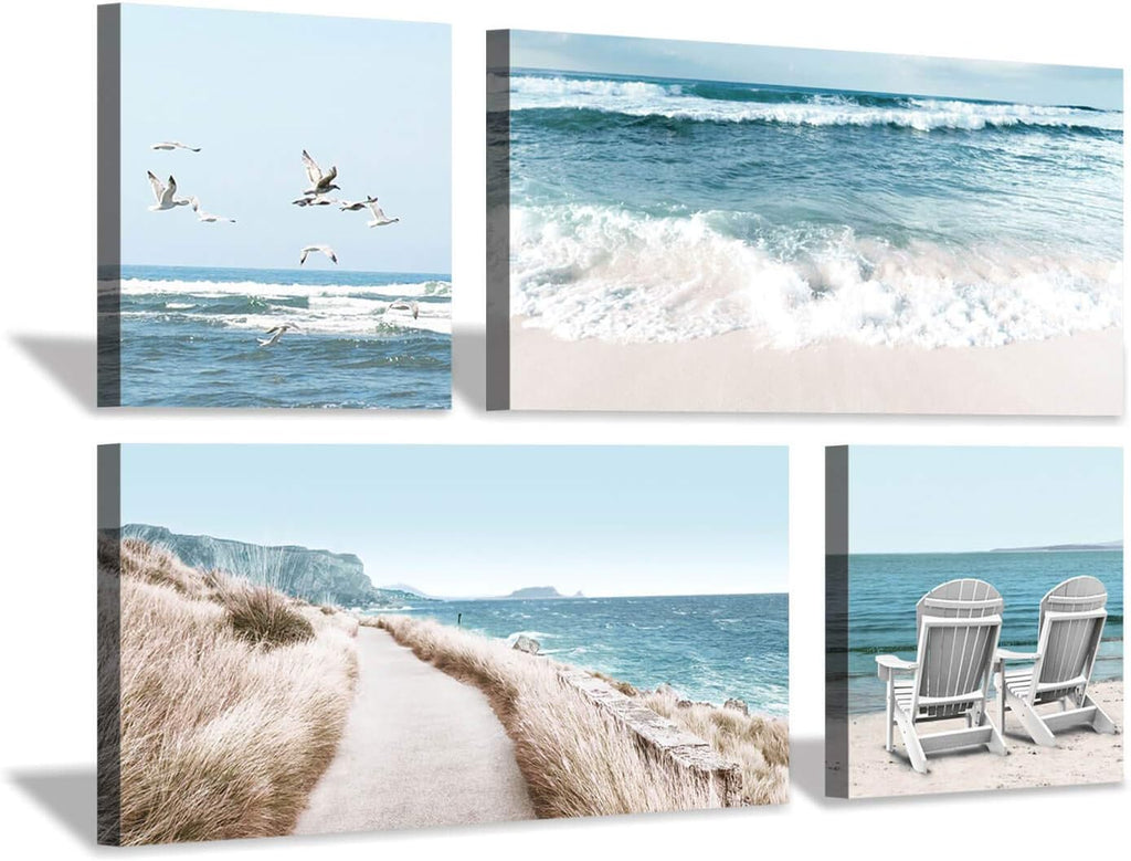 Beach Chairs & Seagulls Canvas Wall Art Print (12''x12''x2pcs+24''x12''x2pcs) F8088