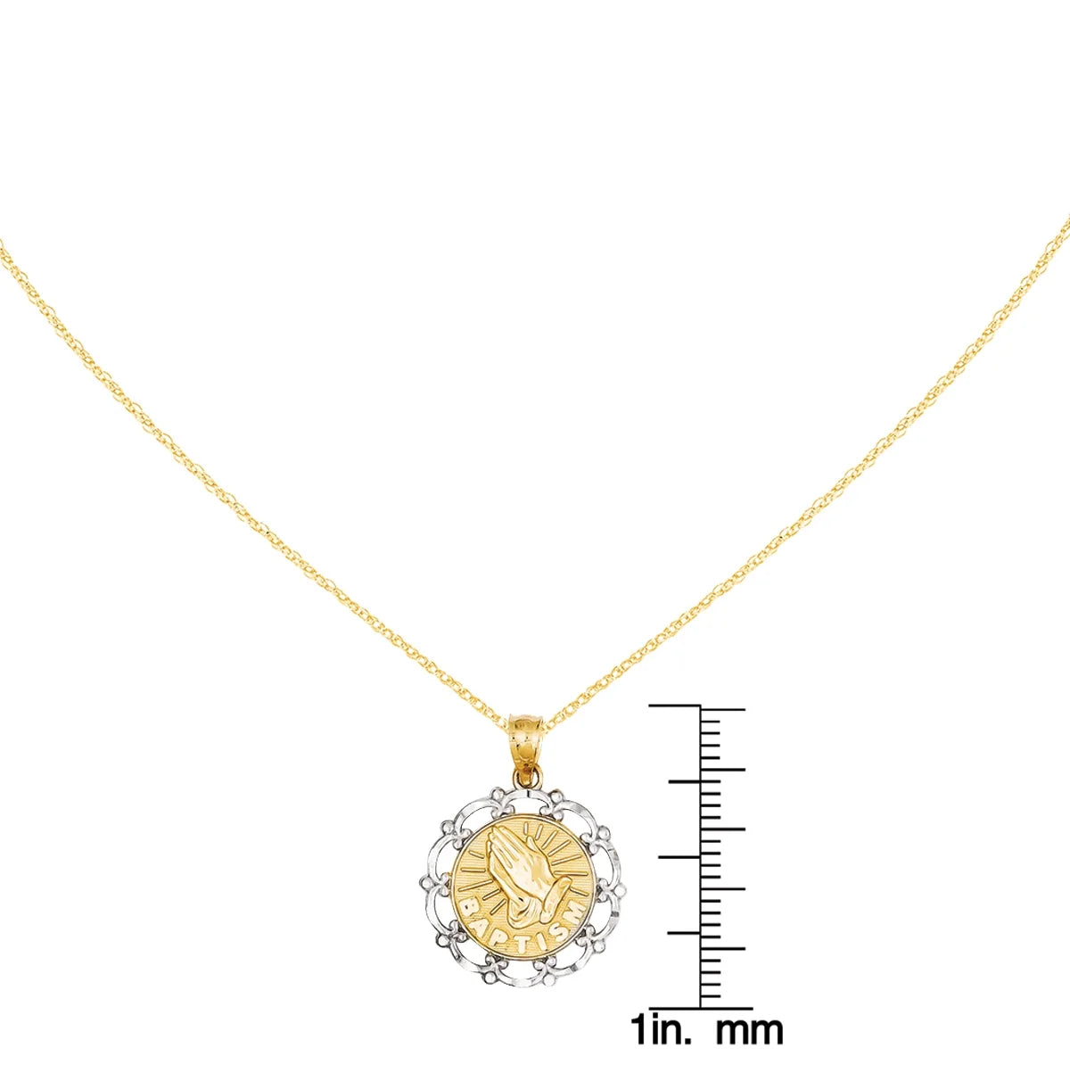 14 Karat Yellow Gold Rhodium Plated Baptism Pendant with 18-inch Cable Rope Chain V546