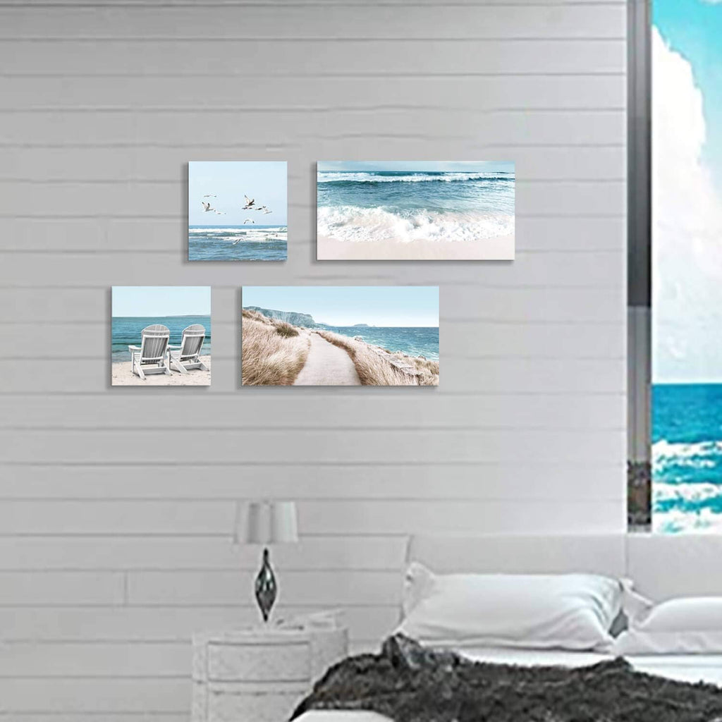 Beach Chairs & Seagulls Canvas Wall Art Print (12''x12''x2pcs+24''x12''x2pcs) F8088