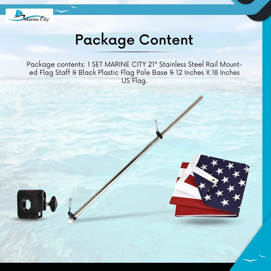 21 inch Stainless Steel Rail Mounted Flag Staff with Black Plastic Flag Pole Base and 12 X 18 inches US Flag N182832