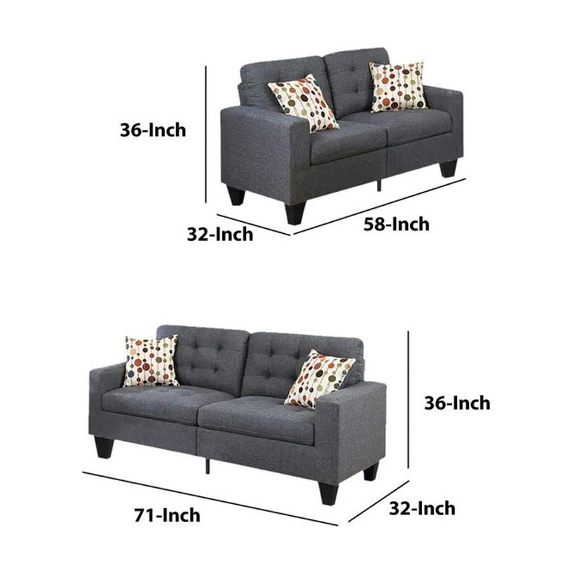 Blue Grey Polyfiber Tufted 2pc Sofa Set with Pillows I21497