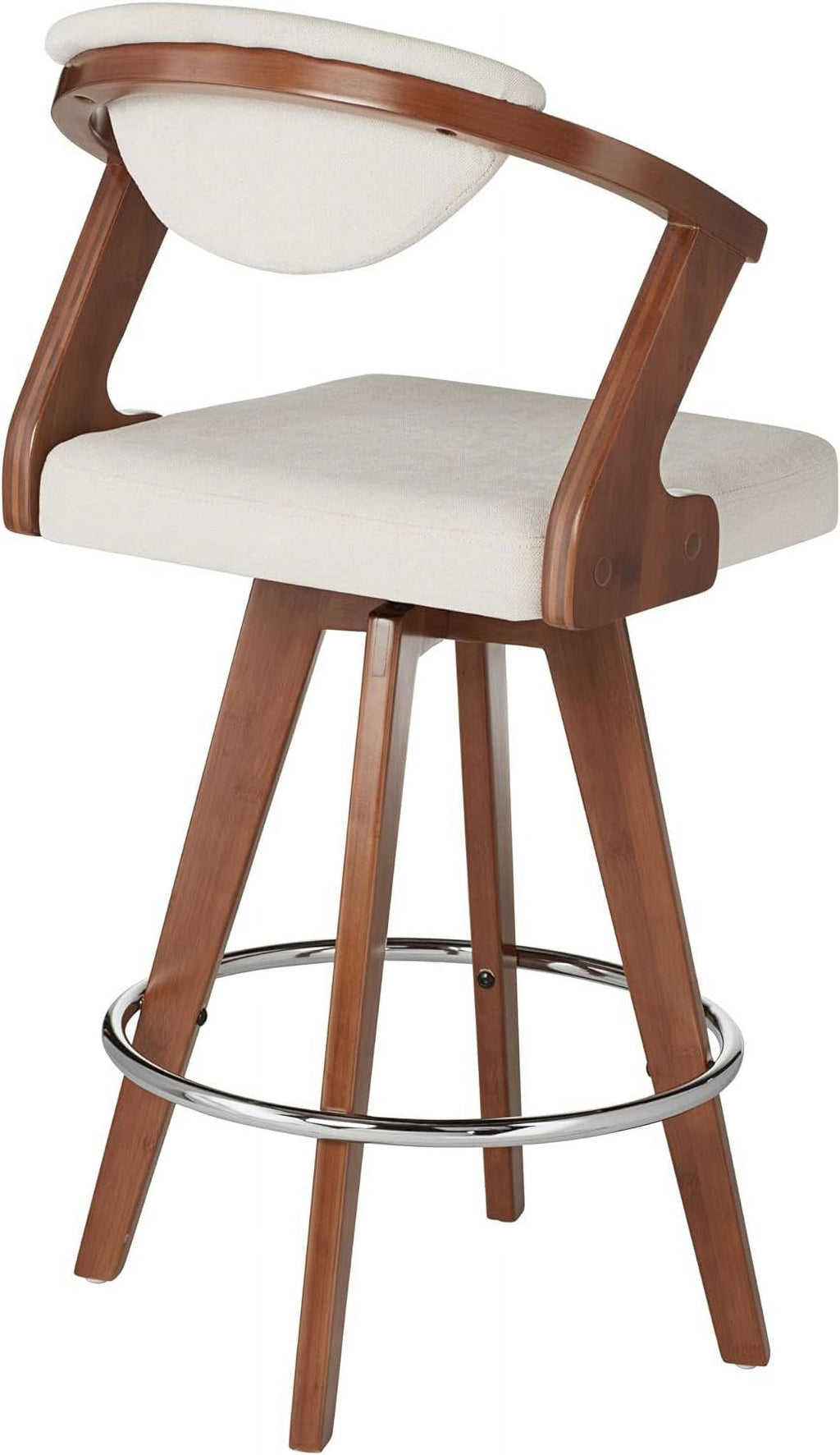 Walnut Bamboo Swivel Stool Brown 26 1/2" High Ivory Velvet Upholstered Cushion with Backrest Footrest M176