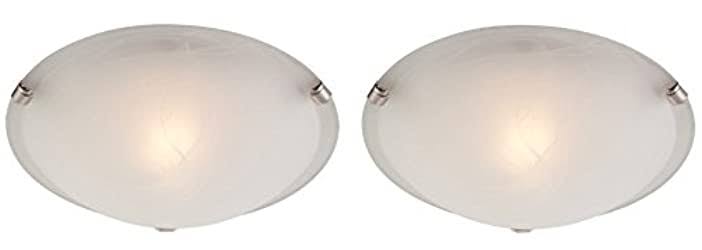 White and Brushed Nickel Finish Flush-Mount Ceiling Fixture with White Alabaster Glass V6048