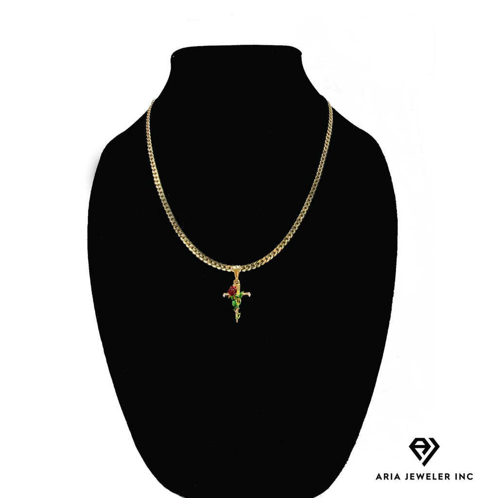14k Bonded Gold Necklace with Red Rose Cross Pendant, 14K Cuban Chain Necklace I7112
