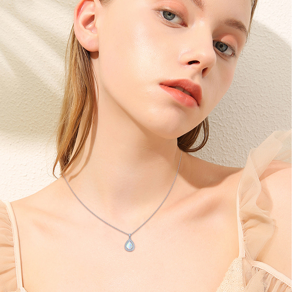 Opal Pendant Necklace 925 Sterling Silver Waterdrop Necklaces 18K White Gold Plated Opal Jewelry P349