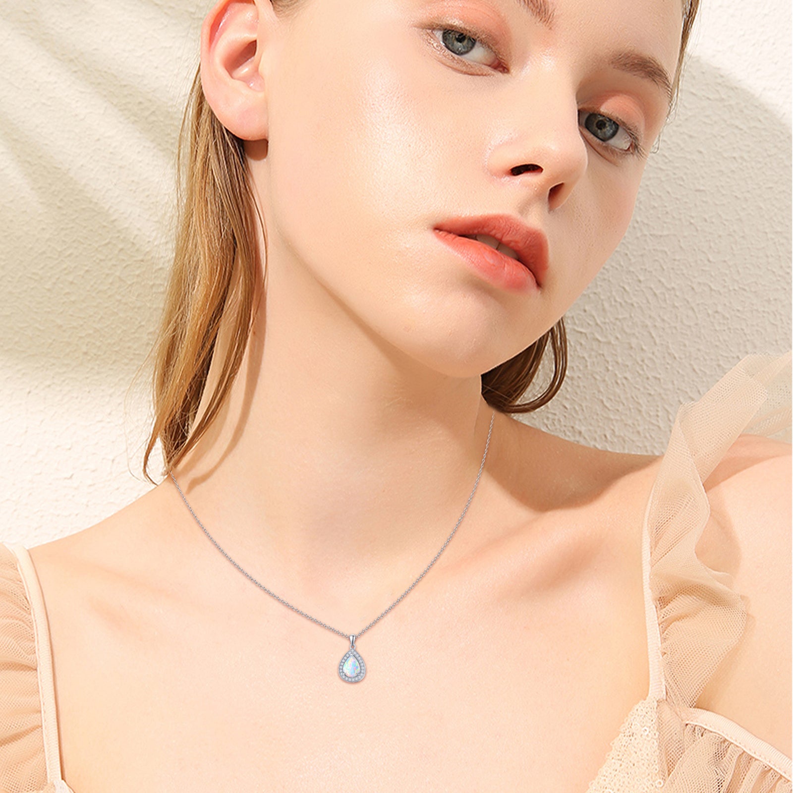Opal Pendant Necklace 925 Sterling Silver Waterdrop Necklaces 18K White Gold Plated Opal Jewelry P349