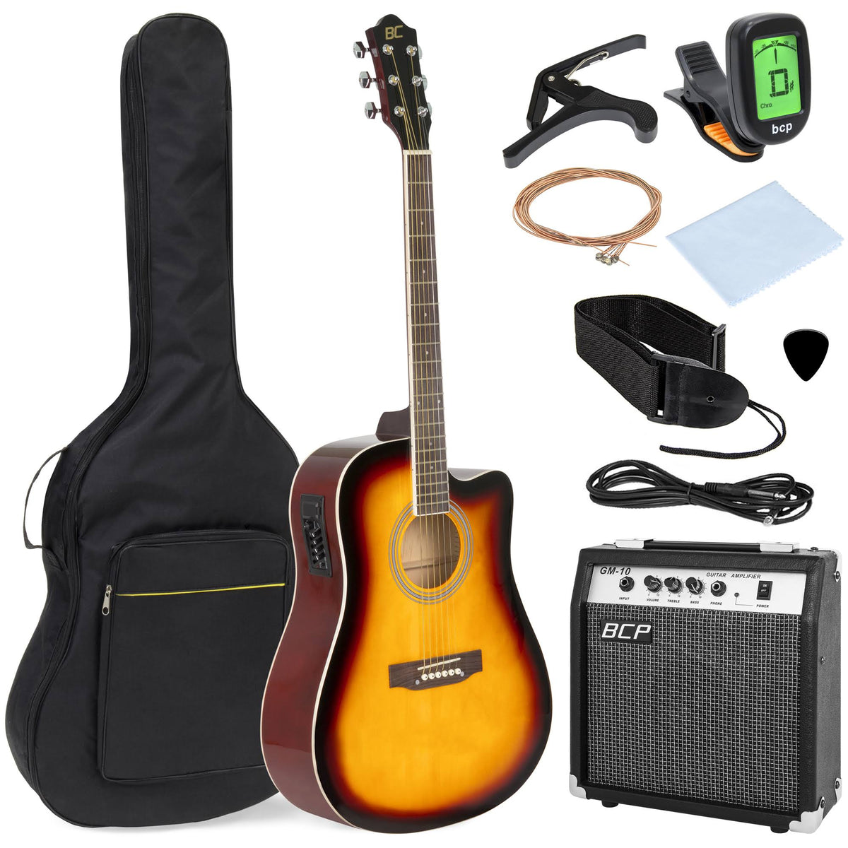 41in Full Size Acoustic Electric Cutaway Guitar Set with 10-Watt Amp, Capo, E-Tuner, Case X3328