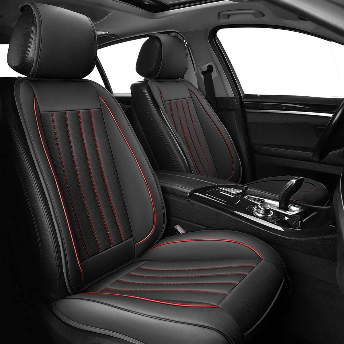 2pc Black-Red Line Leather Car Seat Covers T234222